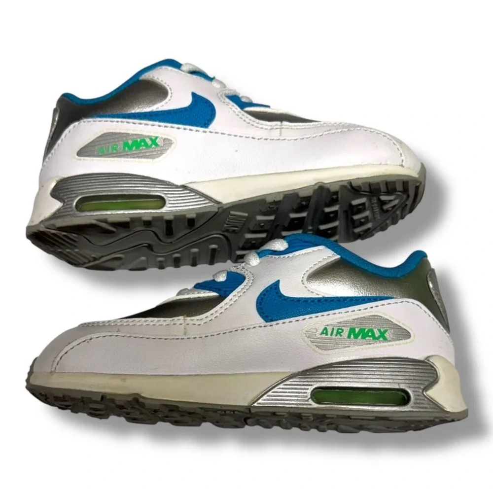 Nike Air Max 90 Kids Sz 9 Lakeside 724854-104 White Blue‎ Silver Sneakers Shoes